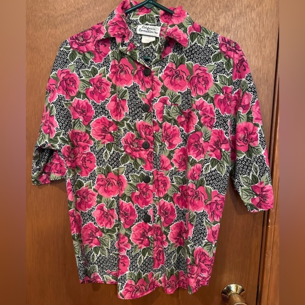 Vintage California Connection Inc Pink Flowers Hawaiian‎ Button Up Shirt S 8/10